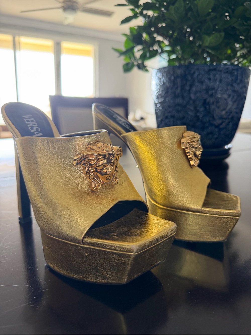 Versace Metallic Gold Medusa Platform Slide Mules Size 6.5 / 36.5 - Picture 1 of 10